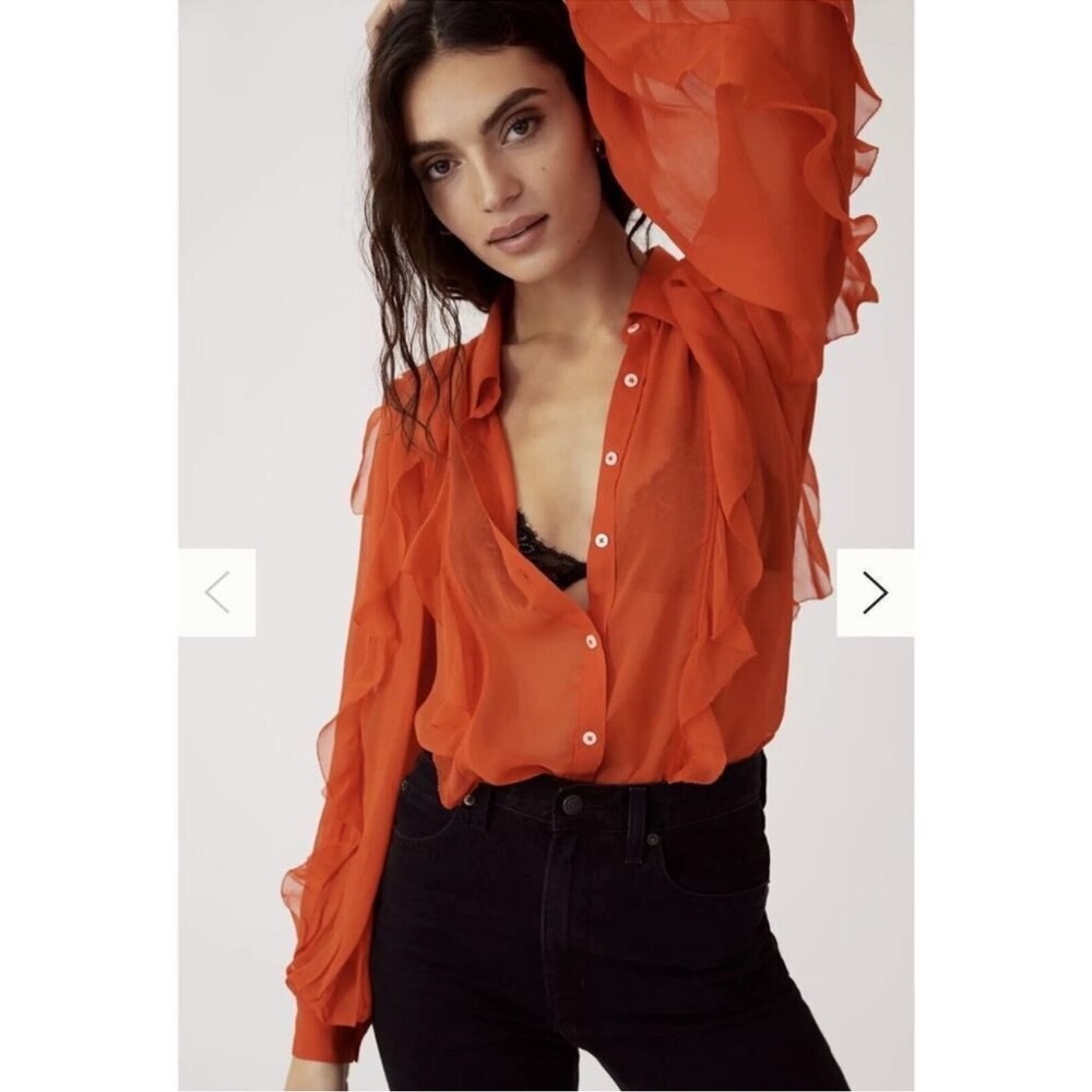 Maeve Ruffled Button down Sheer Orange Womens Large Long Sleeve